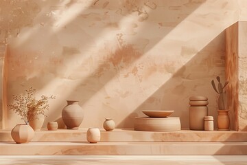 Fototapeta na wymiar A harmonious arrangement of terracotta vases and kitchen utensils illuminated by dappled sunlight against an artistic backdrop—perfect for a rustic kitchen setting.