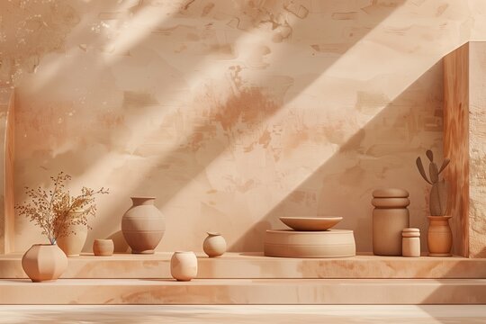 A harmonious arrangement of terracotta vases and kitchen utensils illuminated by dappled sunlight against an artistic backdrop—perfect for a rustic kitchen setting.