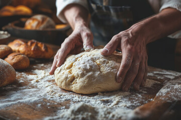 Artisan Baker Kneading Dough on Wooden Table - 784811909