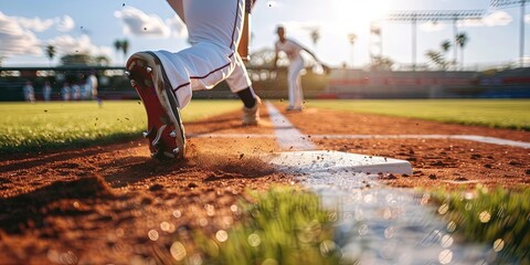 photo of a first baseman touching base waiting for baseball, runner running toward base - obrazy, fototapety, plakaty