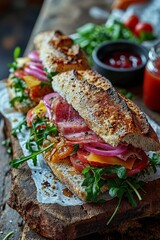 Delicious Fresh Baguette Sandwich with Ham and Vegetables