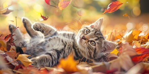 photo of adorable kitten rolling in autumn leaves, bright and colorful, windy day,