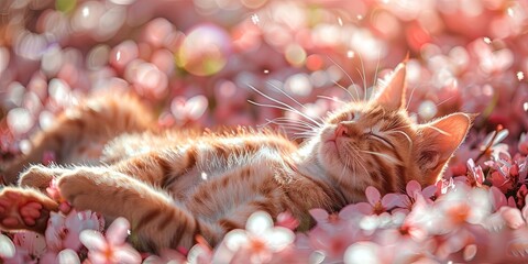 photo of adorable kitten rolling in spring blossoms, bright and colorful, windy day,