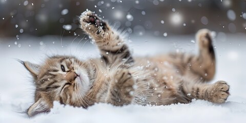 photo of adorable kitten rolling in winter snow, bright and colorful, windy day, - obrazy, fototapety, plakaty