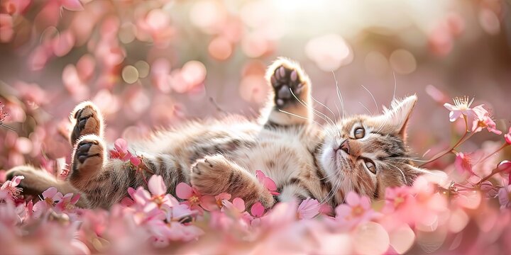 photo of adorable kitten rolling in spring blossoms, bright and colorful, windy day,