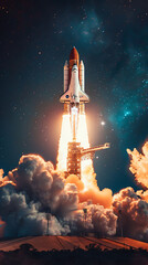 Time-lapse of a space launch with reusable rockets, realistic natural science photography, copy space
