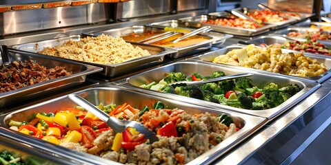 A commercial buffet - all you can eat with serving staff and stainless steel serving dishes keeping...