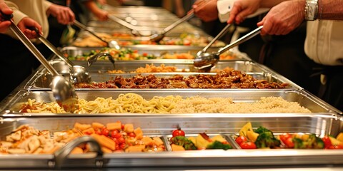 A commercial buffet - all you can eat with serving staff and stainless steel serving dishes keeping food hot and prepared for customers