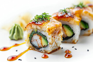 Gourmet Sushi Roll with Eel and Avocado on White - 784812740