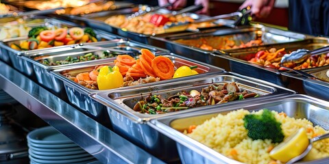 A commercial buffet - all you can eat with serving staff and stainless steel serving dishes keeping food hot and prepared for customers - obrazy, fototapety, plakaty