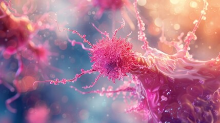 A closeup image of a dendritic cell presenting antigens to Tcells initiating an immune response. The dendritic cell is covered in - obrazy, fototapety, plakaty