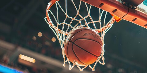 Basketball in a hoop and net with backboard - professional basketball hope - scoring a point nothing but net