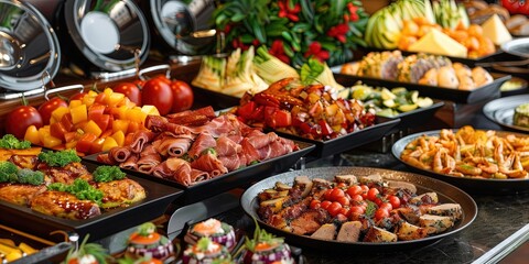 photo of delicious buffet with food on trays - obrazy, fototapety, plakaty