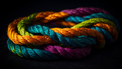 hemp rope threads of various colors knotted together - concept of solidarity cooperation between teams