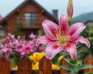 Beautiful pink lily flowers blooming in the garden
