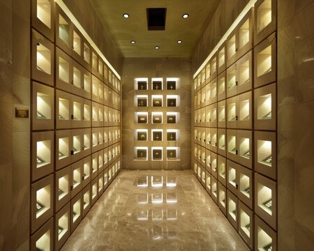 Urns with ashes in a columbarium wall 