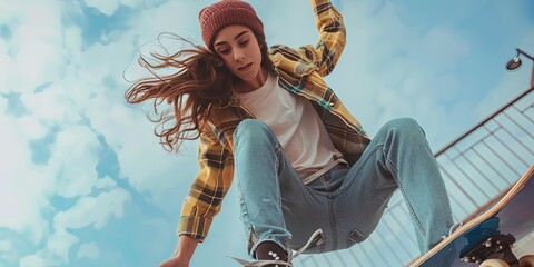 photo of young woman skateboarding in the city skate park