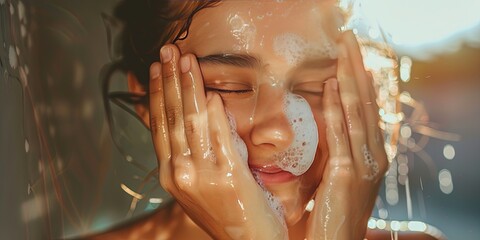 photo of young woman washing her face 