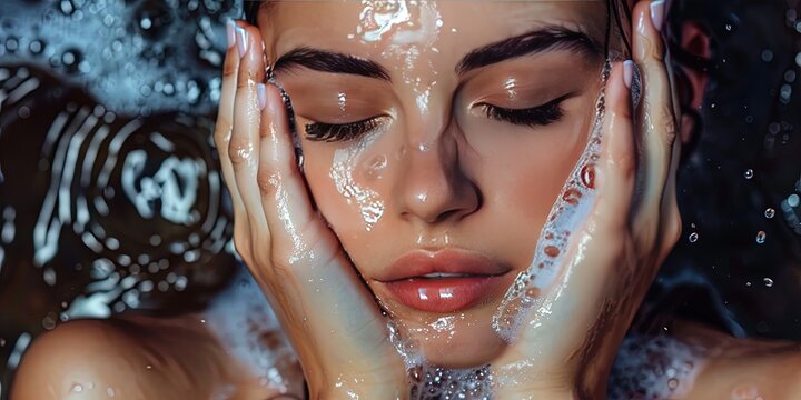 photo of young woman washing her face 