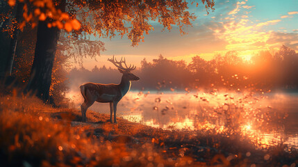 A deer stands in a field near a body of water - obrazy, fototapety, plakaty