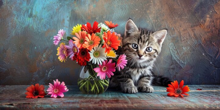 photo of kitten with vase of colorful flowers 