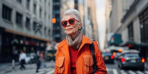 photo of older woman in streetwear, walking in the city - obrazy, fototapety, plakaty