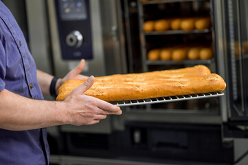 Baker putting tray with baguettes to oven at commercial bakery - obrazy, fototapety, plakaty