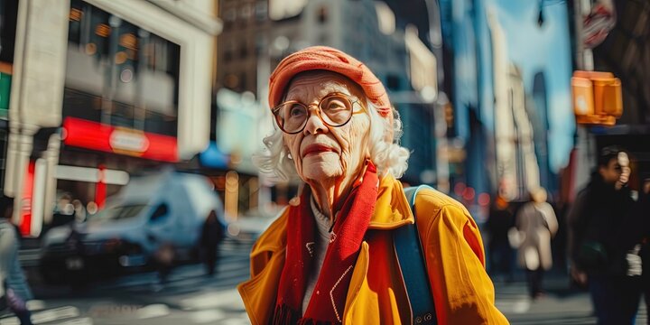 photo of older woman in streetwear, walking in the city