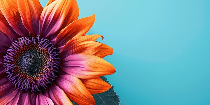 photo of orange sunflower, purple center, copy space, solid background