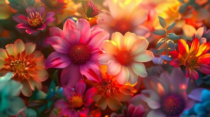 Fototapeta premium As the sun sets a kaleidoscope of colorful flowers come to life creating a stunning explosion of natural beauty.
