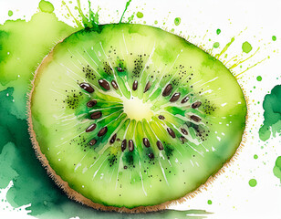 Watercolor kiwi slice with vivid green hues and dynamic splashes, embodying freshness and creativity - 784814777