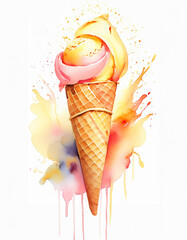 Vibrant watercolor painting of a double scoop ice cream cone with colorful splashes - 784814779