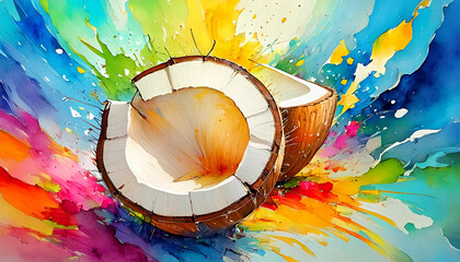 Vibrant painting of a split coconut amidst a splash of colorful abstract background - 784814785