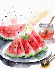 Vibrant watercolor painting of watermelon slices and a honey jar, exuding a summery vibe - 784814789