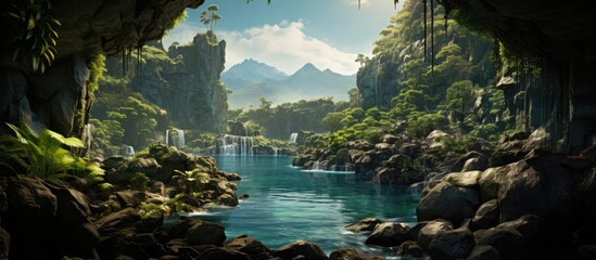 view from above of a beautiful waterfall flowing through cliff rocks in the middle of a tropical forest - Powered by Adobe