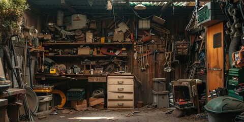 Rustic tool shed filled with greasy and dirty tools for handyman - obrazy, fototapety, plakaty