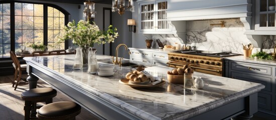 View of a luxury kitchen with marble countertops and kitchen appliances - Powered by Adobe