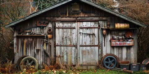 Rustic tool shed filled with greasy and dirty tools for handyman