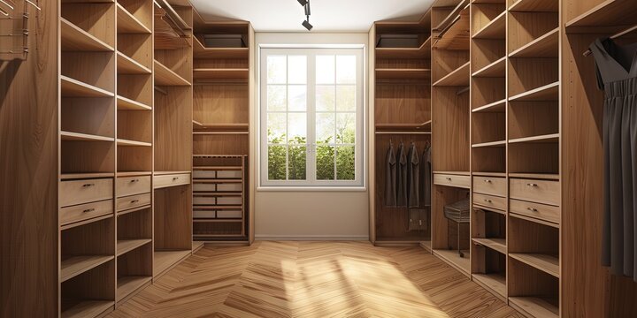 Interior of a walk-in closet - large and spacious luxury  storage option for clothing and other goods