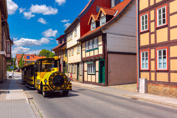 Medieval street with half-timbered houses in Wernigerode, Saxony-Anhalt, Germany