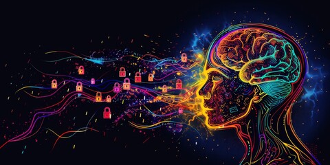Vivid Neural Connection: Colorful Digital Brain Activity with Floating Padlocks, Symbolizing Complex Cybersecurity Challenges