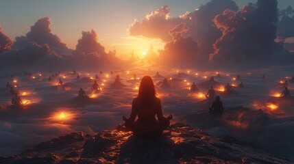 A group of people meditating on a mountain top their bodies radiating with bright streams of energy. The collective power of their intentions is thought to have a profound