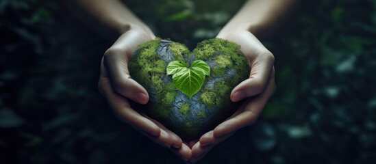 hands forming a heart with green planet, environmental concept