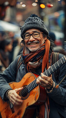 studio shot of A musician playing lively tunes at a neighborhood block party, realistic travel photography, copy space for writing