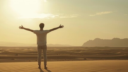 Fototapeta premium A lone figure stands with arms outstretched embracing the quiet stillness of the desert landscape behind them. . .