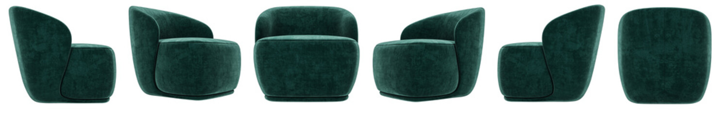 Modern green Velvet  fabric armchair set isolated on white background. Furniture Collection