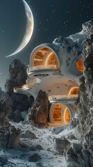 Time-lapse of a 3D-printed lunar habitat being constructed, realistic natural science photography, copy space