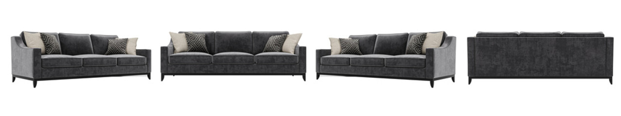 Modern and luxury gray velvet sofa set isolated on white background. Furniture Collection.