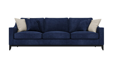 Modern and luxury navy blue velvet sofa isolated on white background. Furniture Collection. 