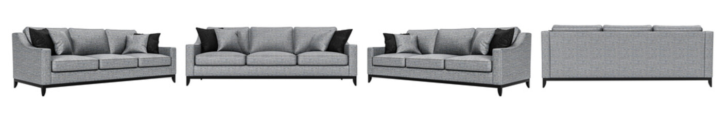 Modern and luxury gray sofa set  with cushions isolated on white background. Furniture Collection